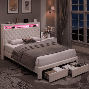 Homfa Full Size LED Bed Frame with Outlets and USB Ports, Modern Storage Platform Bed with Velvet Fabric Button Tufted Upholstered Headboard, Beige