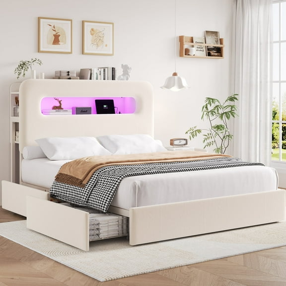 Homfa Full Size Velvet Upholstered Bed with LED Lights & 2 Drawers, Storage Headboard Platform Bed Frame with USB Ports & Outlets, Off-White（Iron Slats  2 Drawers  2-Tier Side-Shelves)