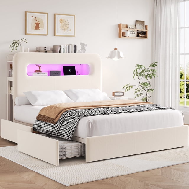 Homfa Full Size Velvet Upholstered Bed with LED Lights & 2 Drawers, Storage Headboard Platform Bed Frame with USB Ports & Outlets, Off-White(Iron Slats+ 2 Drawers+ 2-Tier Side-Shelves)