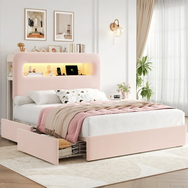 Homfa Full Size LED Bed with Storage Headboard & 4 Drawers, Velvet Upholstered Platform Bed Frame with USB Ports & Outlets, Pink
