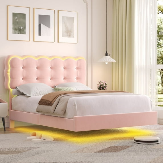 Homfa Full Size Floating Bed Frame with Led & Charging station, Velvet upholstered bed frame with Ajustable Crystal Button Tufted Headboard, Pink