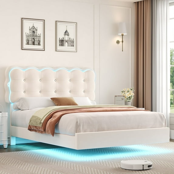 Homfa Full Size Floating Bed Frame with Led & Charging station, Velvet upholstered bed frame with Ajustable Crystal Button Tufted Headboard, White