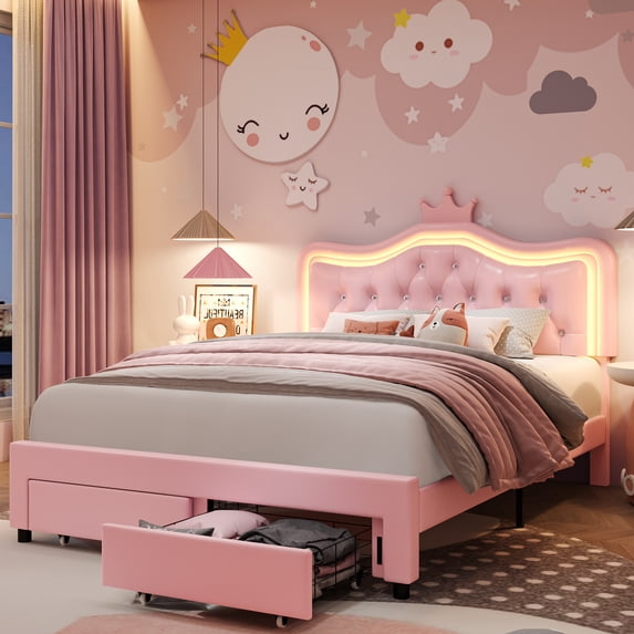 Homfa Full Size Bed, LED Upholstered Bed with Adjustable Crystal Button Tufted Crown Headboard, Soft PU Princess Platform Bed with Storage Drawers, Pink