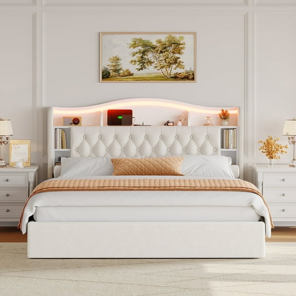 Homfa Full Size Lift Up Storage Bed, Modern LED Headboard with USB Charging Port, Hydraulic Support, Beige
