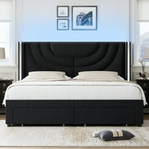 Homfa Full Size Platform Bed Frame with Velvet Upholstered Headboard, LED Bed Frame with 2 Drawers, Black