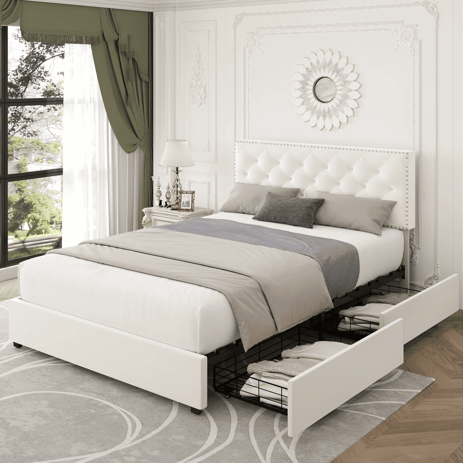 Homfa Full Size Storage Bed with 4 Drawers Button Tufted Upholstered Platform Bed Frame with Adjustable Headboard Off White
