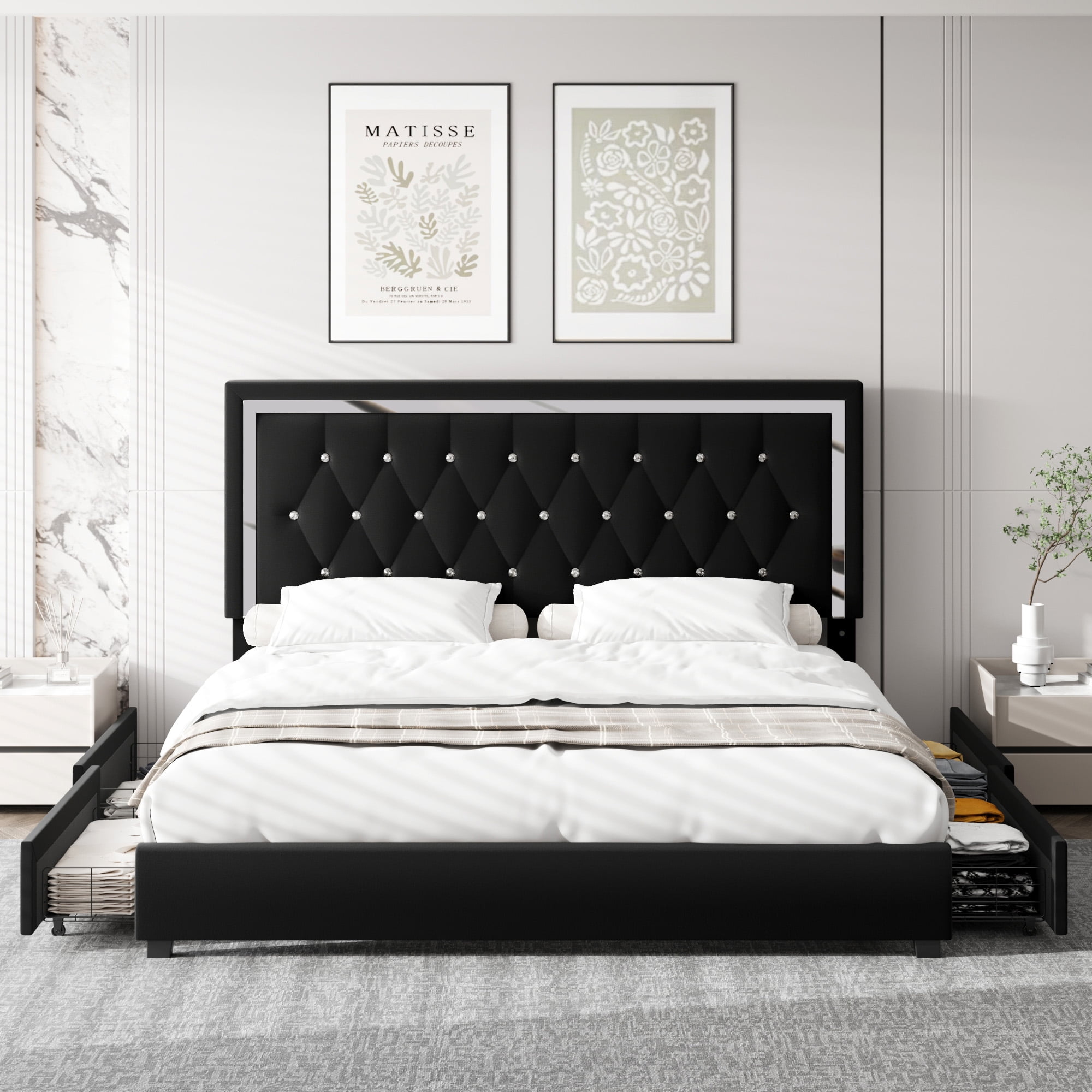 Homfa Full Size Bed Frame with Storage Drawers, Adjustable Headboard ...