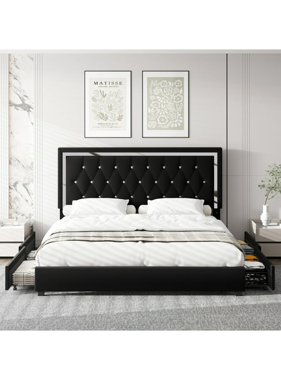 Homfa Full Size Storage Bed with 4 Drawers, Crystal Buckle Upholstered Platform Bed Frame with Adjustable Headboard for Bedroom, Black