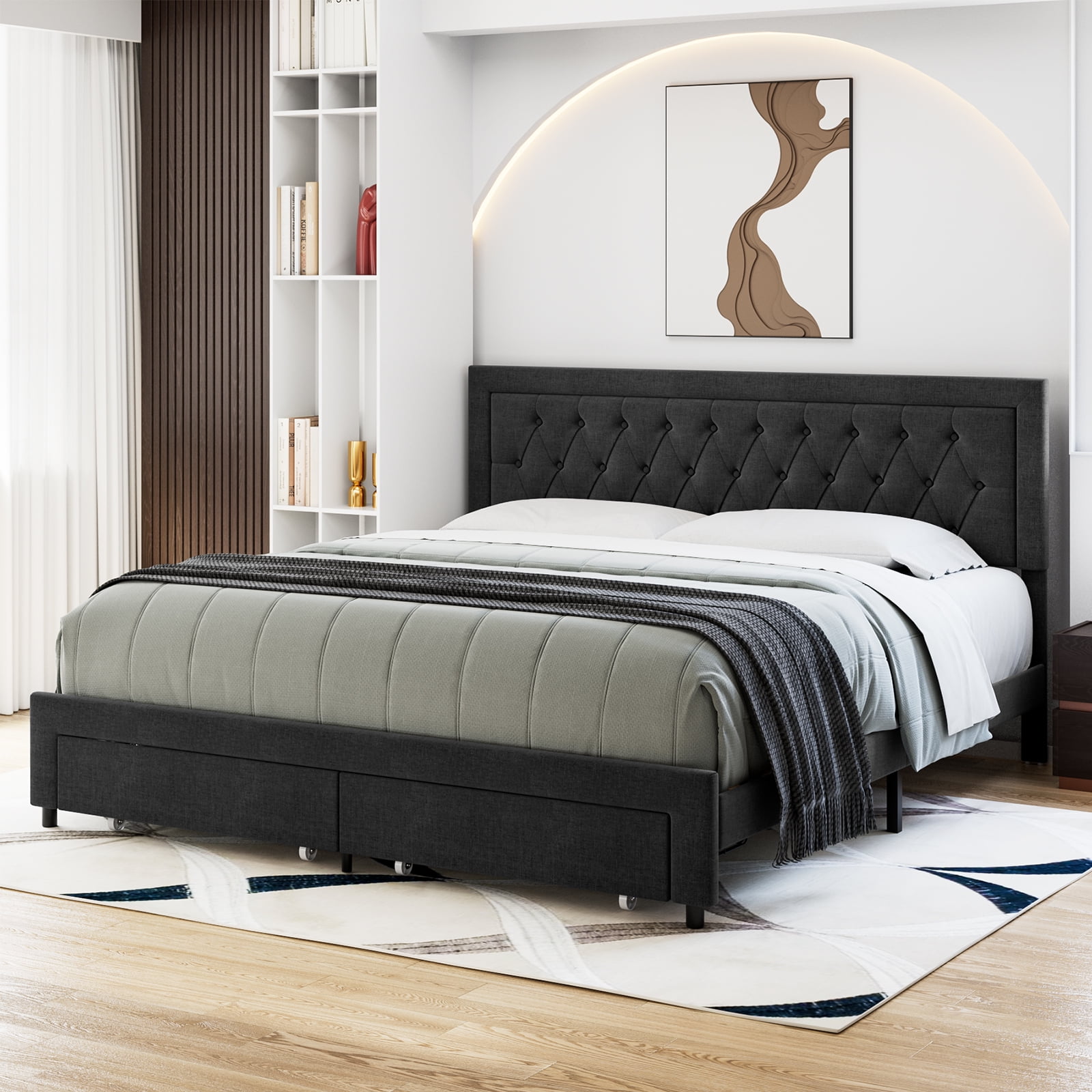 Homfa Full Size Storage Drawers Bed Frame, Linen Upholstered Platform Bed with Adjustable Button