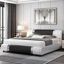 Homfa Full Size Upholstered Bed Frame with Headboard, Deluxe Faux Leather Modern Platform Bed Frame, Black and White