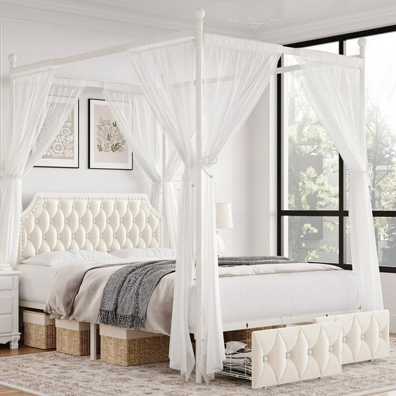 Homfa Full Size Upholstered Canopy Bed Frame for Bedroom, 2 Storage Drawers Platform Bed, Canopy Bed Curtain Not Included, Beige
