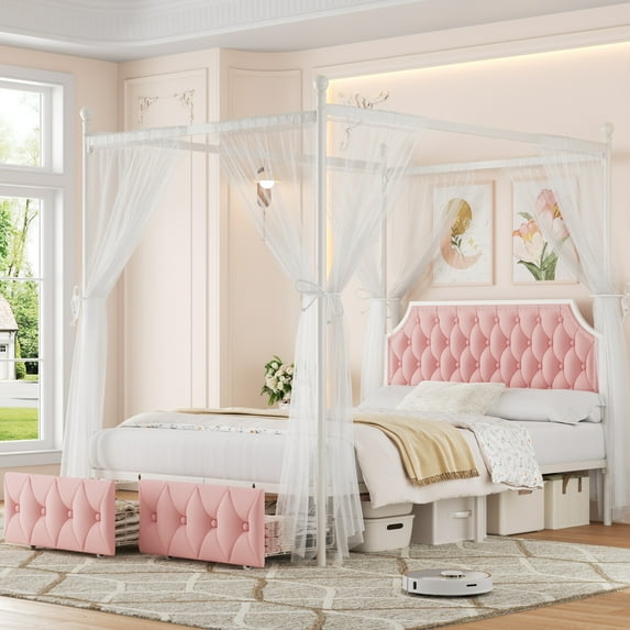 Homfa Full Size Upholstered Canopy Bed Frame for Bedroom, 2 Storage Drawers Platform Bed, Canopy Bed Curtain Not Included, Pink