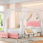 Homfa Full Bed Frame with 2 Drawer, Canopy Bed Frame with Storage & Upholstered Headboard for Bedroom, Curtain Not Included, Pink