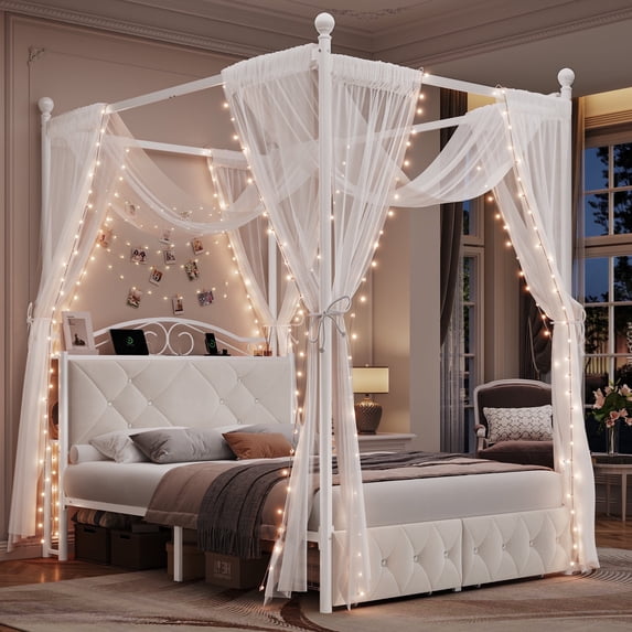 Homfa Full Size Upholstered Metal Canopy Bed, 2 Drawers Storage Platform Bed with Charging Ports, Off-White