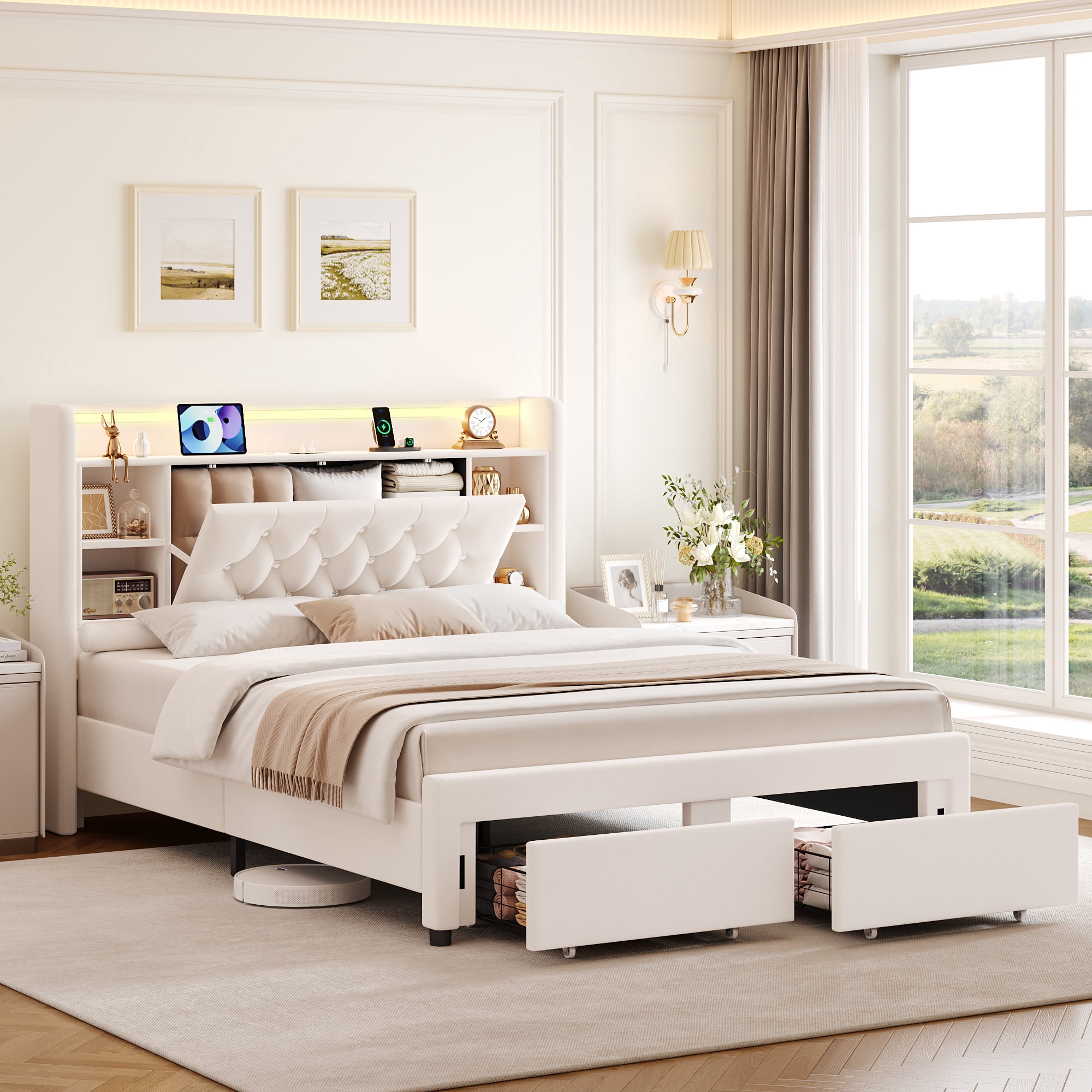 Homfa Full Size Velvet Upholstered Bed with Bookcase Headboard, 2 Drawers Platform Bed Frame with Charging Station & LED Lights, Beige