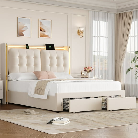 Homfa Full Size Bed Frame with Storage Drawer and Charging Station, LED Bed Frame with Crystal-Button Tufted Headboard, Beige