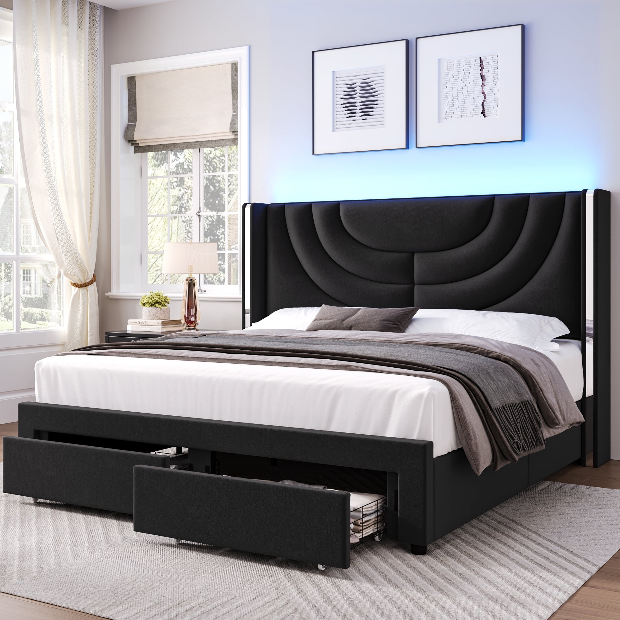 Homfa Full Size LED Bed Frame with 2 Drawer Storage, Wingback Platform Bed with Velvet Upholstered Headboard, Black