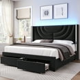 thumbnail image 1 of Homfa Full Size LED Bed Frame with 2 Drawer Storage, Wingback Platform Bed with Velvet Upholstered Headboard, Black, 1 of 9