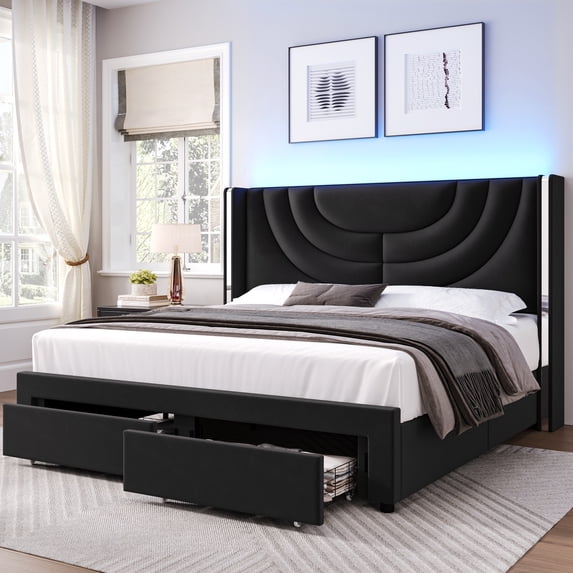 Homfa Full Size LED Bed Frame with 2 Drawer Storage, Wingback Platform Bed with Velvet Upholstered Headboard, Black