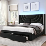 Homfa Full Size LED Bed Frame with 2 Drawer Storage, Wingback Platform Bed with Velvet Upholstered Headboard, Black