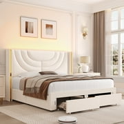 Homfa Full Size LED Bed Frame with 2 Drawer Storage, Wingback Platform Bed with Velvet Upholstered Headboard, Off-White