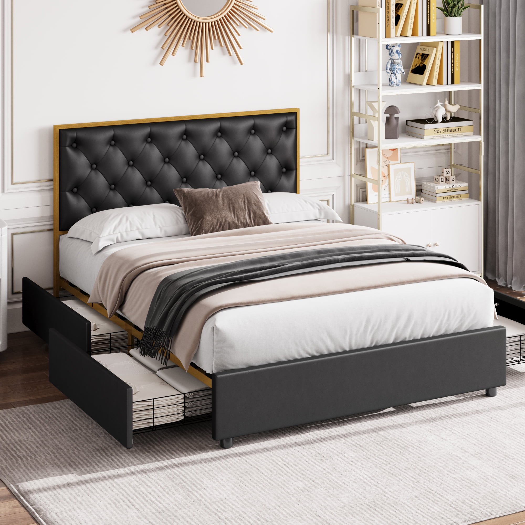 Homfa Full Storage Bed Frame with 4 Drawers, Faux Leather Upholstered