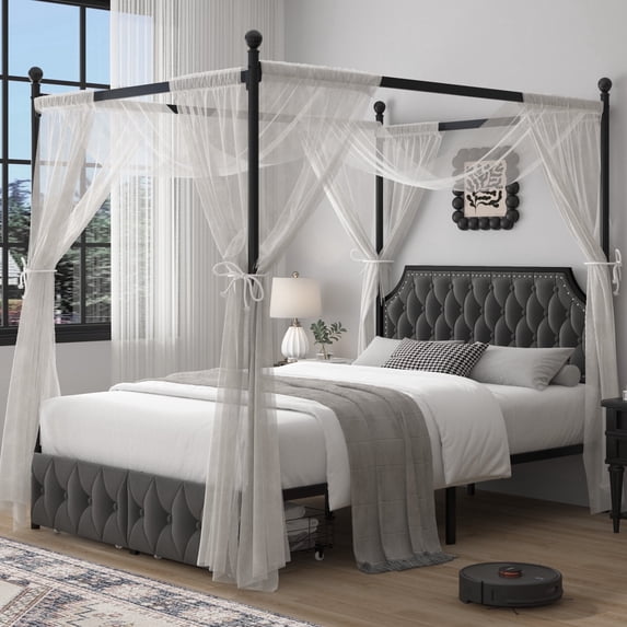 Homfa Full Bed Frame with 2 Drawer, Canopy Bed Frame with Storage & Upholstered Headboard for Bedroom, Curtain Not Included, Gray