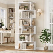 Homfa Geometric Bookcase Wooden Wood S Shape Storage Display Unit Bookcase Bookshelf 6-tier Storage, 75" H x 27.6" W, Wh
