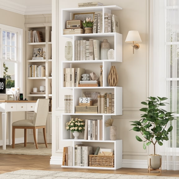 Homfa Geometric Bookcase Wooden Wood S Shape Storage Display Unit Bookcase Bookshelf 6-tier Storage, 75" H x 27.6" W, White