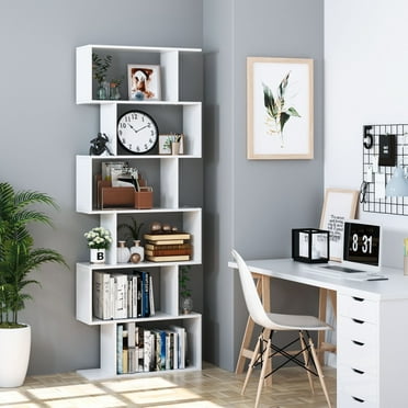 Homfa Geometric Bookcase Wooden Wood S Shape Storage Display Unit Bookcase Bookshelf 6-tier Storage, 75" H x 27.6" W, White