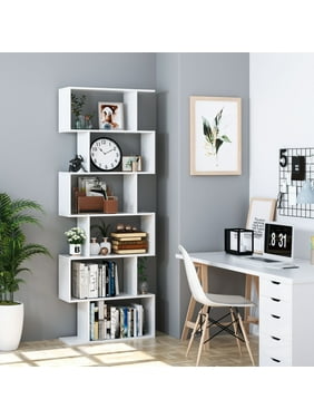 Homfa Geometric Bookcase Wooden Wood S Shape Storage Display Unit Bookcase Bookshelf 6-tier Storage, 75