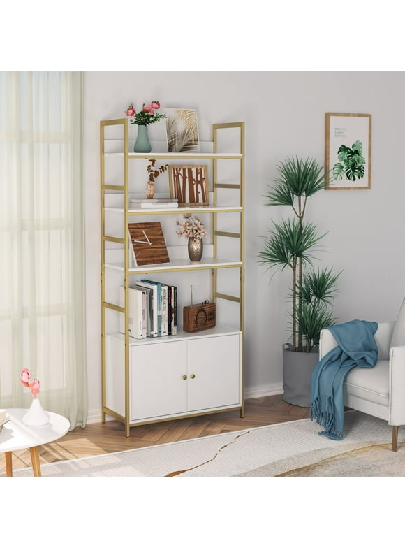 Homfa Gold Bookshelf, 4-Tier White Standard Bookcase with Storage Cabinet, Modern Iron Book Shelves Display Shelf with Door for Home Office, White Gold