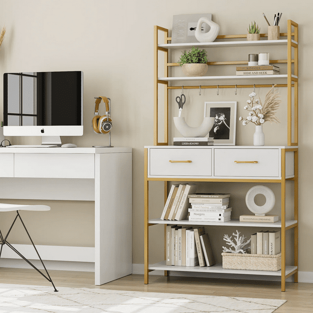 Homfa Gold Ladder Bookshelf with 2 Drawers for Office, 5 Tier White