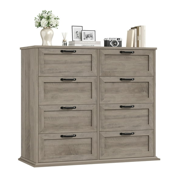 Homfa Horizontal 8 Drawer Dresser, Wood Storage Cabinet Double Dresser for Bedroom Living Room, Gray