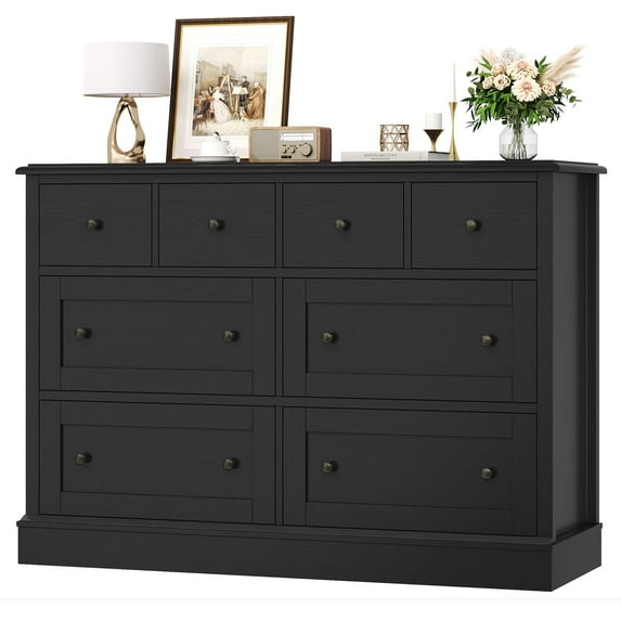 Homfa Horizontal Black Dresser with 8 Drawers, Combo Bedroom Dresser, Wood Chest of Drawers for Living Room