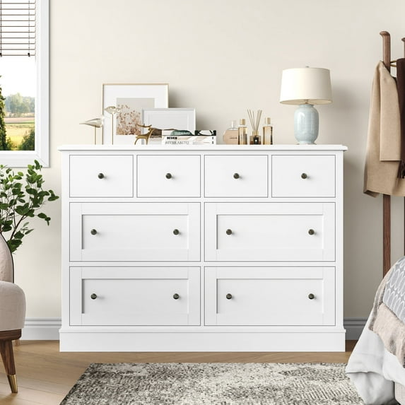 Homfa Horizontal White Dresser, 8 Drawers Combo Dresser for Bedroom, Modern Wood Chest of Drawers for Living Room