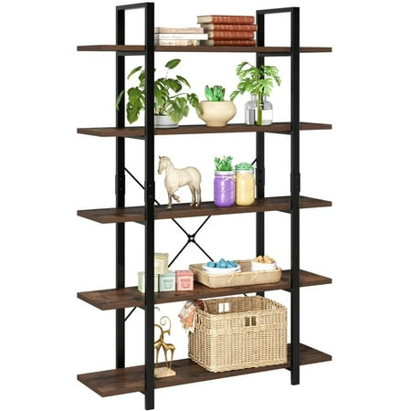 Homfa Industrial 5 Tier Storage Bookshelf , Wood Bookcase Shelf Unit with Metal Frame for Home Office Living Room, Rustic Brown