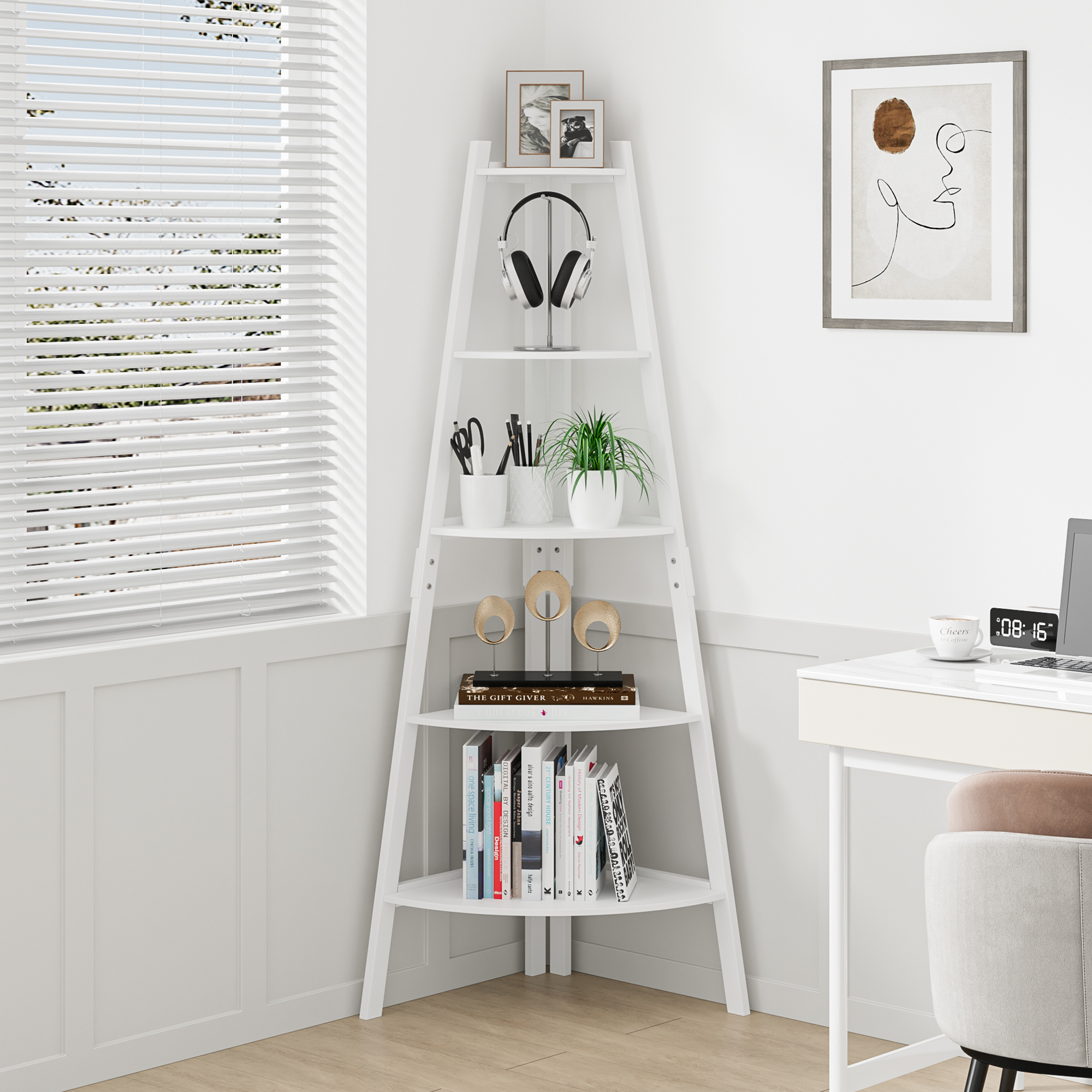 Nathan James Theo Industrial 5Shelf White Ladder Bookcase with White