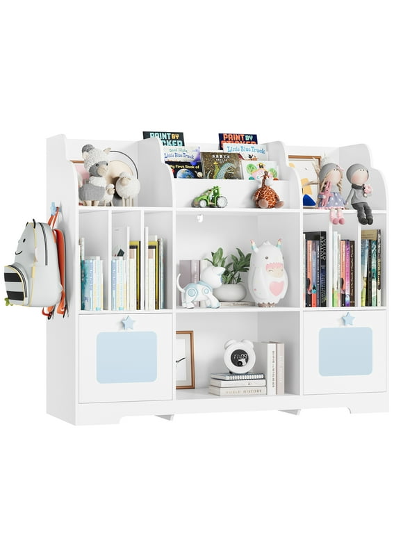 Homfa Kid's Bookshelf with 2 Movable Drawers, 7-Cube Bookcase with Hooks, Toy Storage Organizer for Kidroom, White