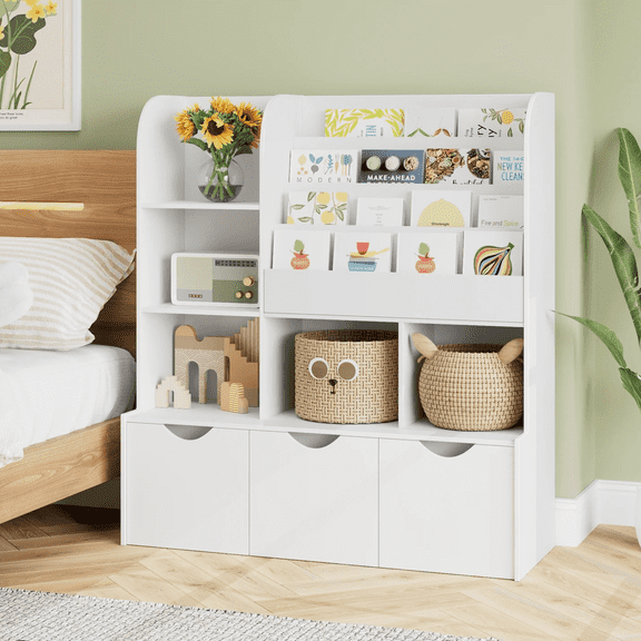 Homfa 47''W Kid's Bookcase, White Bookshelf with 5 Storage Cubbies & 3 Movable Drawers & Toy Display Shelf, Toy Storage Organizer for Bedroom Playroom