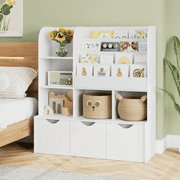Homfa 47W Kids Bookcase, White Bookshelf with 5 Storage Cubbies & 3 Movable Drawers & Toy Display Shelf, Toy Storage Organizer for Bedroom Playroom
