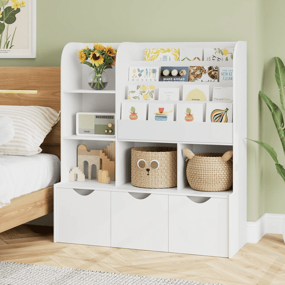 Homfa 47''W Kid's Bookcase, White Bookshelf with 5 Storage Cubbies & 3 Movable Drawers & Toy Display Shelf, Toy Storage Organizer for Bedroom Playroom