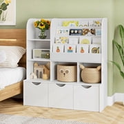 Homfa 47''W Kid's Bookcase, White Bookshelf with 5 Storage Cubbies & 3 Movable Drawers & Toy Display Shelf, Toy Storage Organizer for Bedroom Playroom