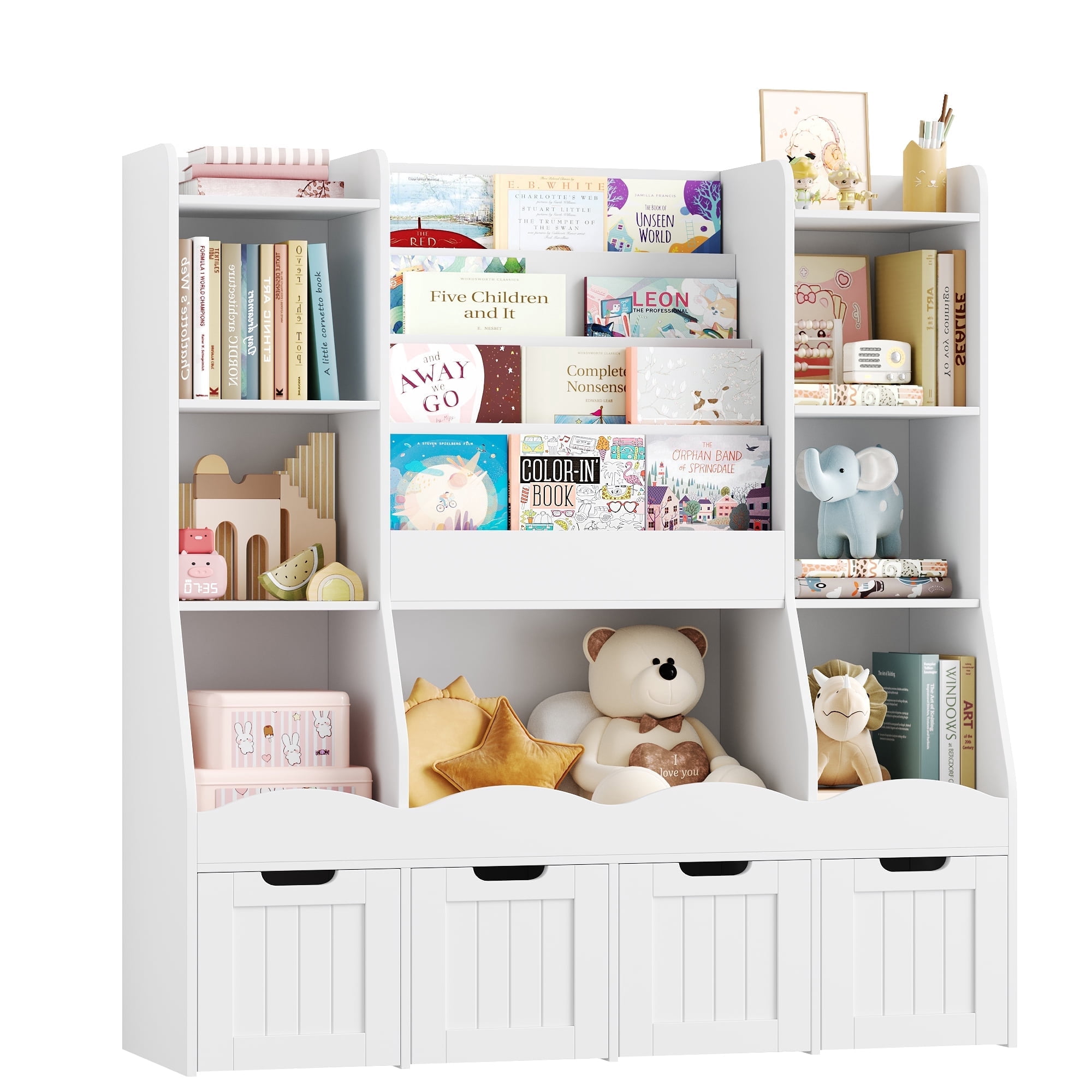 Homfa Kids Bookcase with 7 Cubes and 4-Tier Bookshelves, Toy Storage Organizer with 4 Removable Drawers on Casters, for Kids' Playroom Nursery, White