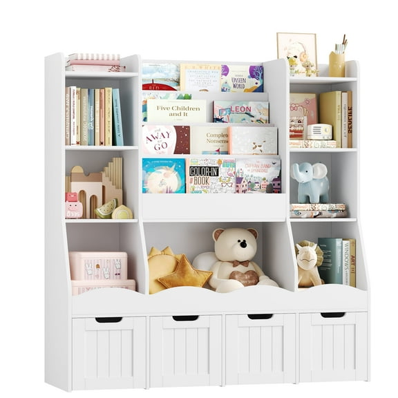 Homfa Kids Bookcase with 7 Cubes and 4-Tier Bookshelves, Toy Storage Organizer with 4 Removable Drawers on Casters, for Kids' Playroom Nursery, White