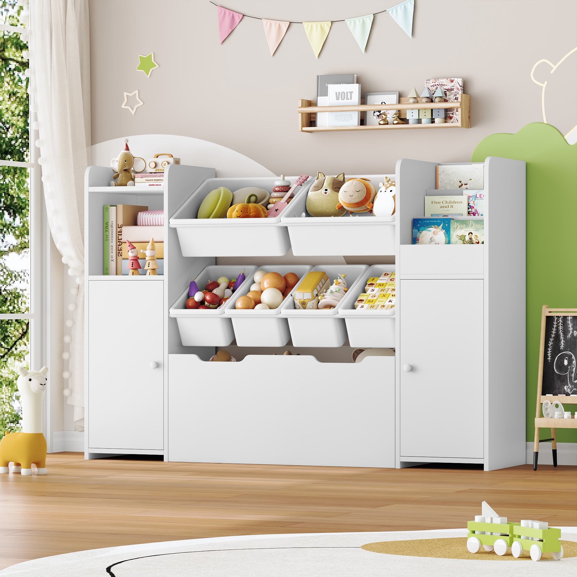 Homfa Kids Bookcase with 2 Doors and Drawer on Wheels, Toy storage Organizer with 6 Bins and Adjustable Shelves, for Kids Playroom, Nursery, White