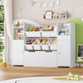 thumbnail image 1 of Homfa Kids Bookcase with 2 Doors and Drawer on Wheels, Toy storage Organizer with 6 Bins and Adjustable Shelves, for Kids Playroom, Nursery, White, 1 of 8
