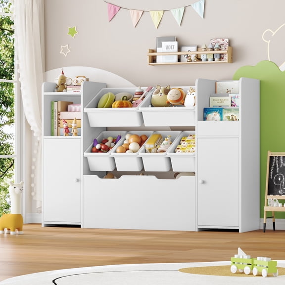 Homfa Kids Bookcase with 2 Doors and Drawer on Wheels, Toy storage Organizer with 6 Bins and Adjustable Shelves, for Kids Playroom, Nursery, White