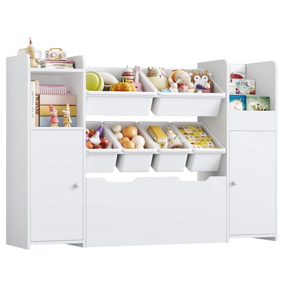 Homfa Kids Bookcase with 2 Doors and Drawer on Wheels, Toy storage Organizer with 6 Bins and Adjustable Shelves, for Kids Playroom, Nursery, White