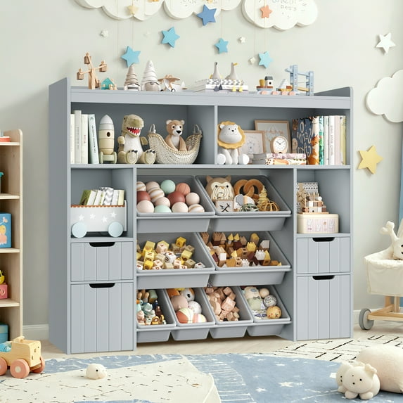 Homfa Kids Toy Storage Organizer with Removable Bin, Kids Bookshelf and Bookcase Toy Box with Drawers for Playroom, Classroom, Gray